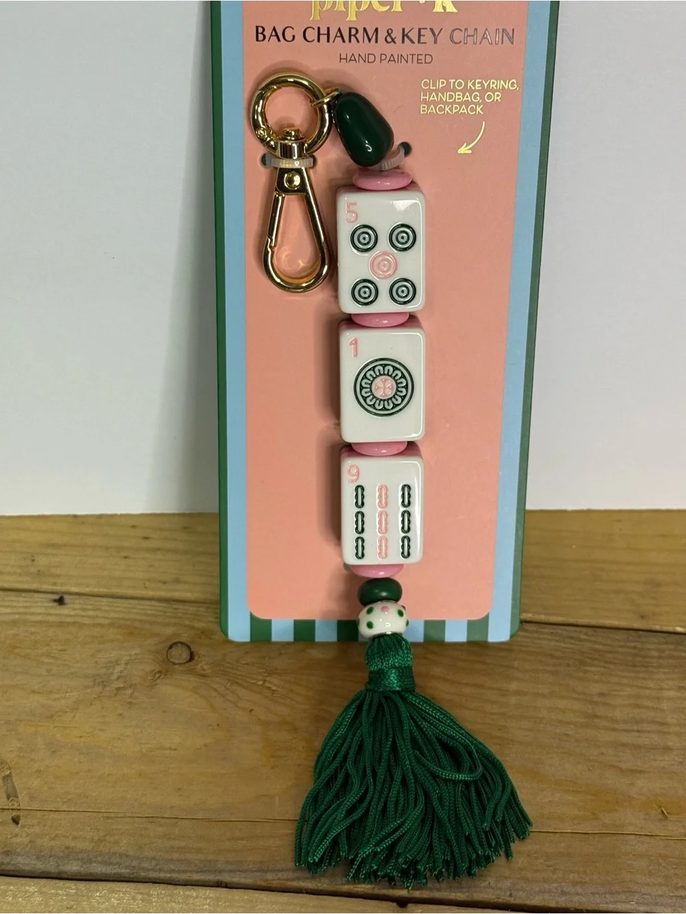 Piper K Whimsical Pink Green Mahjong Game Tile Motif Keychain Bag Charm - NWT
